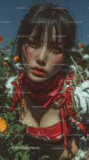 Vibrant Outdoor Portrait of Young Woman with Wet Hair and Red Bandana