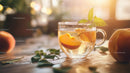 Herbal Peach Tea in Glass Cup with Mint on Rustic Wooden Table