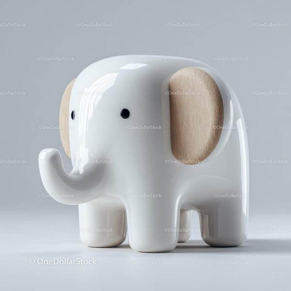 Glossy White Ceramic Elephant With Wooden Ears
