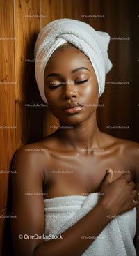 Elegant Black Woman Relaxing with Towel and Skin Care at Spa