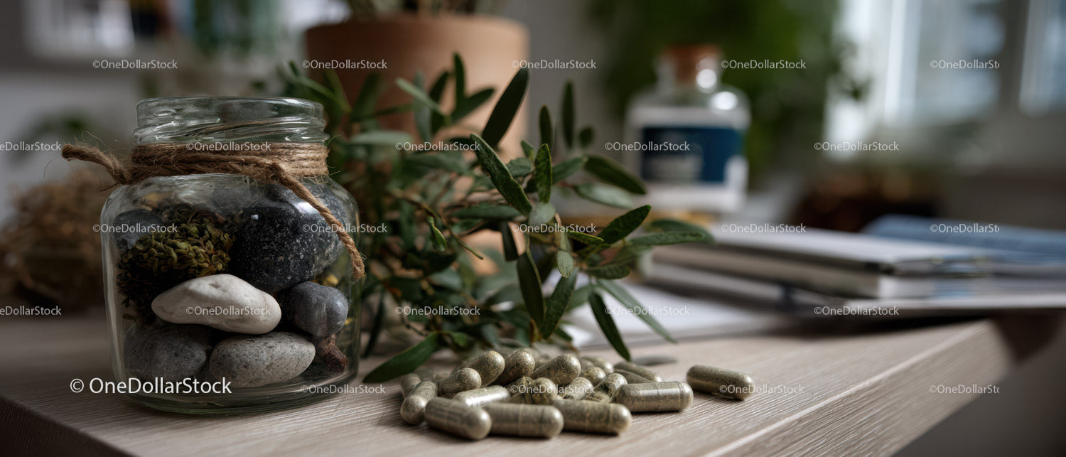 Decorative Glass Jar with Stones and Green Foliage for Wellness