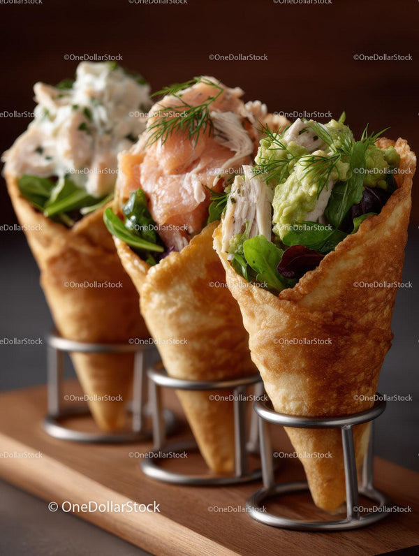 Three Fresh Chicken and Salad Cones on Wood Plate for Appetizers