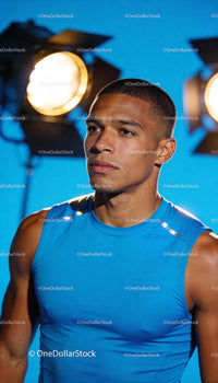 Focused Young Athlete in Blue Sportswear Under Studio Lights
