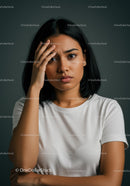 Young Woman with Black Hair Showing Concern in Close-Up Portrait