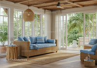 Cozy tropical living room with rattan furniture and blue cushions