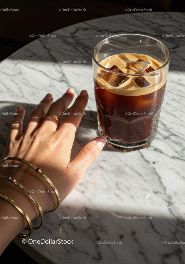 Hand with Gold Bracelets Reaching for Iced Coffee on Marble