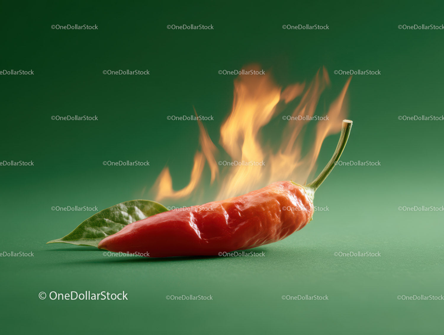 Fiery Red Chili Pepper with Flames on a Green Background