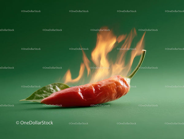 Fiery Red Chili Pepper with Flames on a Green Background