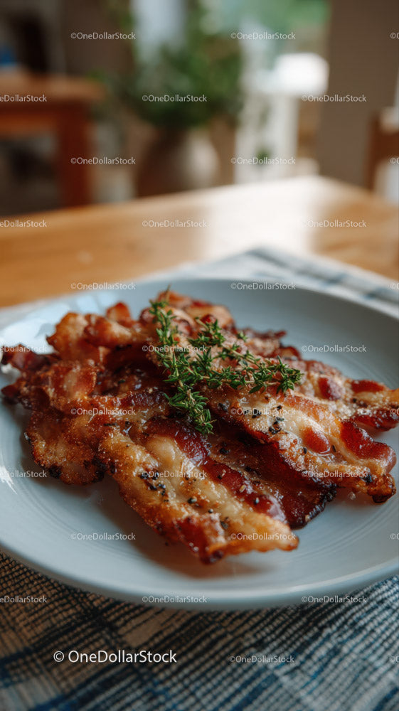 Crispy Bacon Strips on a White Plate with Fresh Herbs