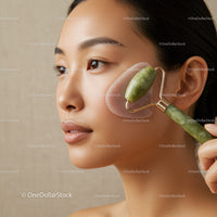Close Up of Woman Using Jade Roller for Facial Massage