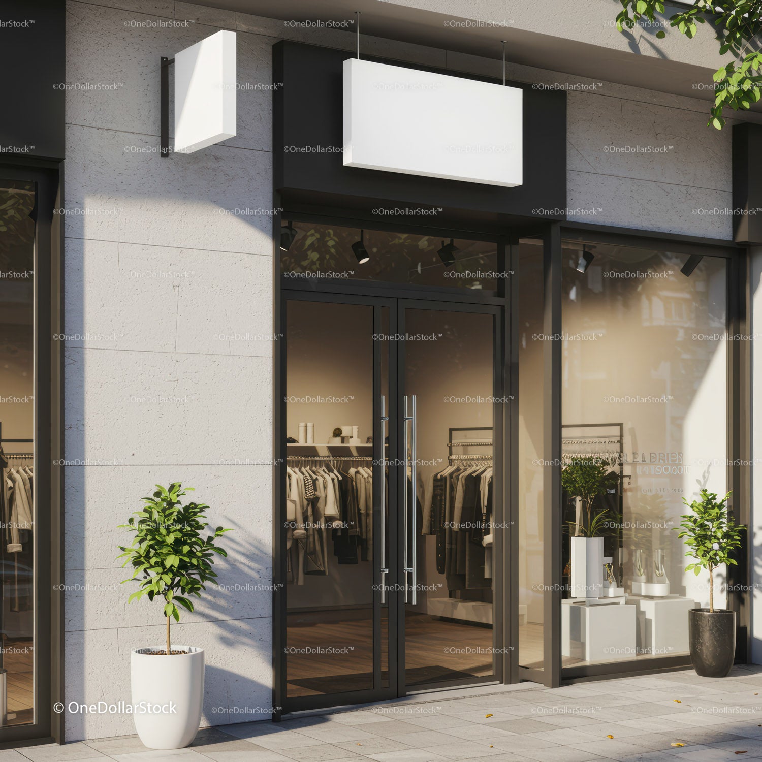 Modern clothing store entrance with clean design and greenery