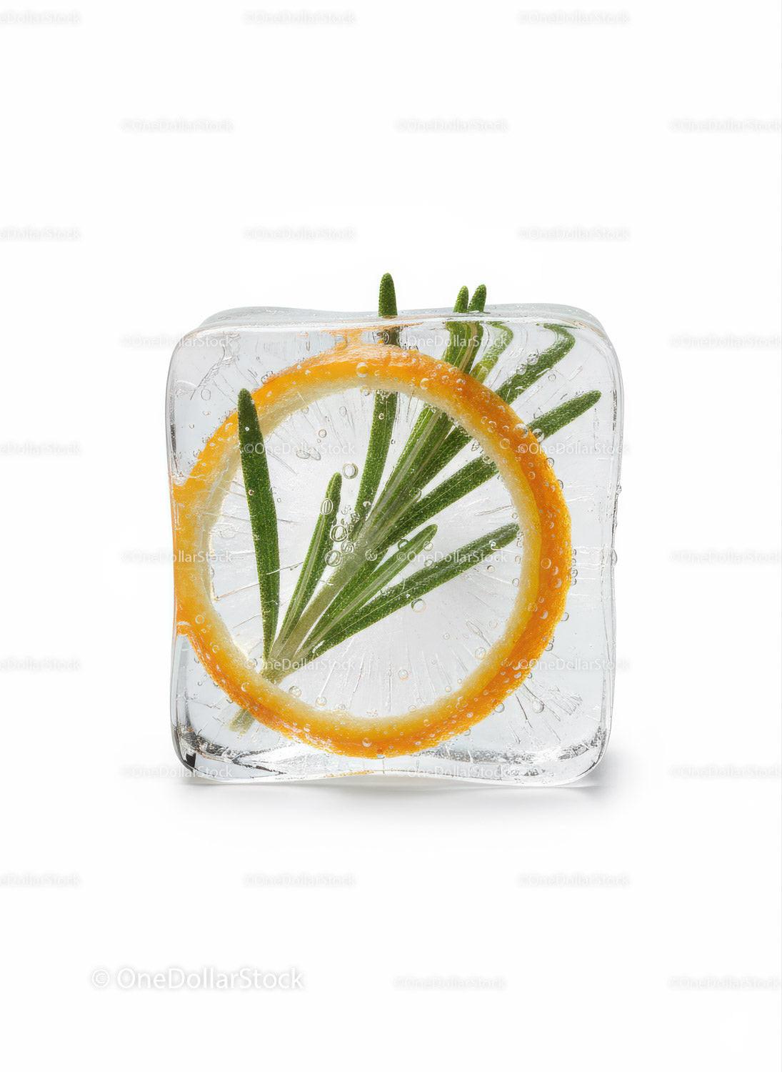 Frozen ice cube with lemon and rosemary sprig inside