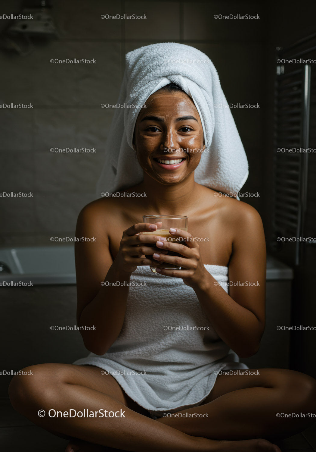 Woman with Towel on Head Enjoying Refreshing Drink in Spa