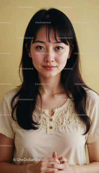 Portrait of a Young Woman with Black Hair in Casual Beige Top