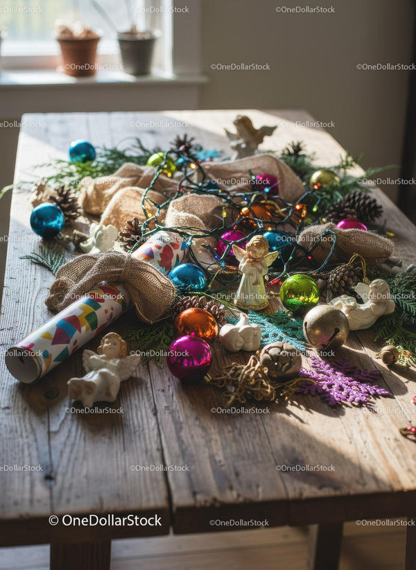 Festive Christmas Decorations and Ornaments on Wooden Table