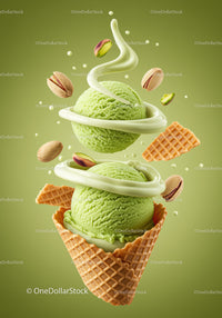 Green pistachio ice cream scoops with waffle cone elements