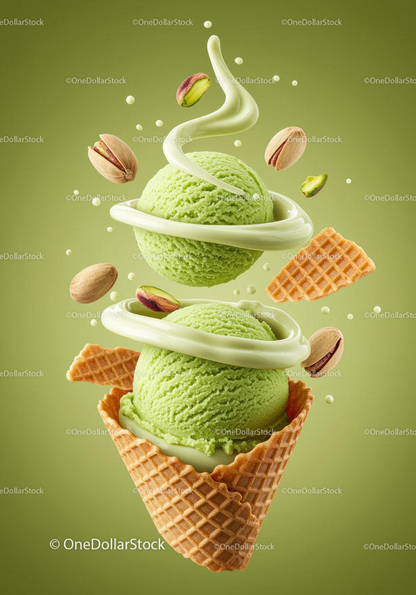 Green pistachio ice cream scoops with waffle cone elements