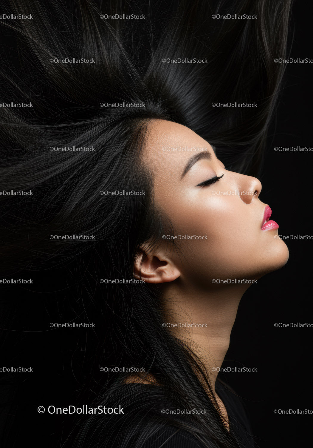 Serene profile of woman with flowing black hair