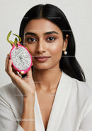Elegant Young Woman with Dragon Fruit in a Studio Portrait