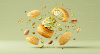 Pistachio Cream Puff with Nuts Floating in Air