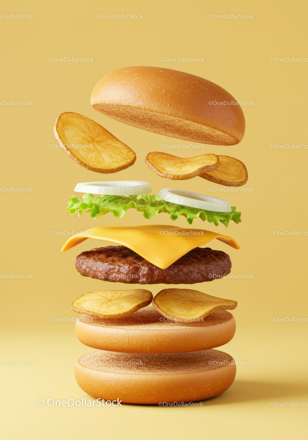 Deconstructed cheeseburger with potato chips and fresh lettuce