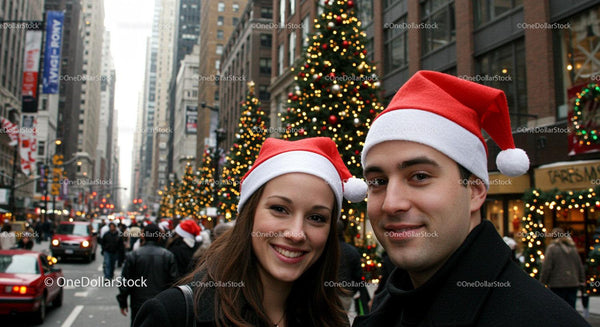 Couple Wearing Santa Hats on Festive City Street