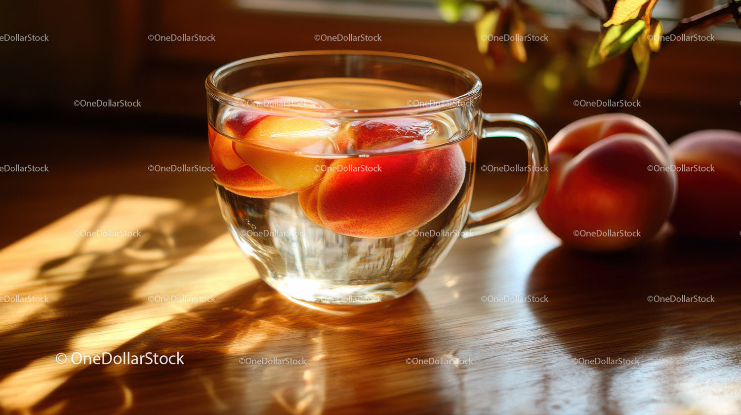 Glass Cup of Peach Fruit Infusion with Fresh Peaches on Wooden Table