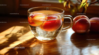 Glass Cup of Peach Fruit Infusion with Fresh Peaches on Wooden Table