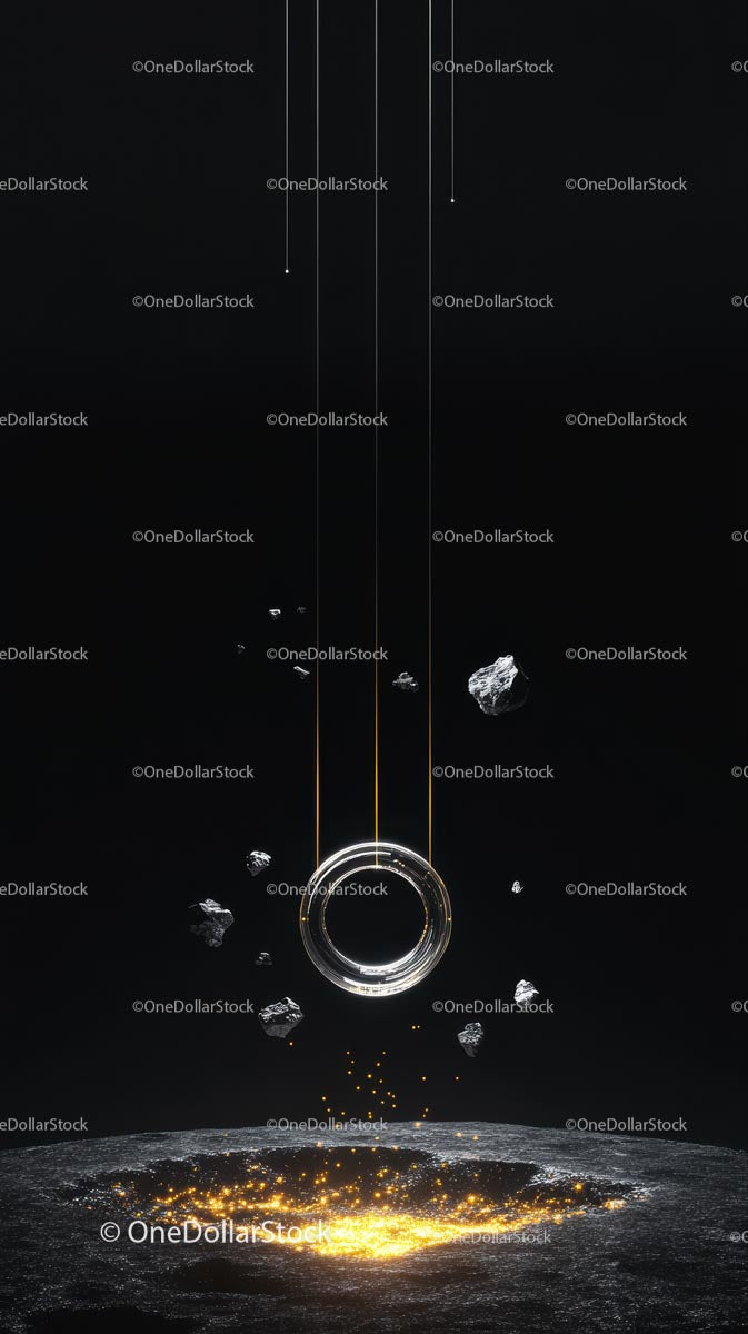 Futurystyczna scena kosmiczna z pierścieniem asteroid i świecącą powierzchnią planety