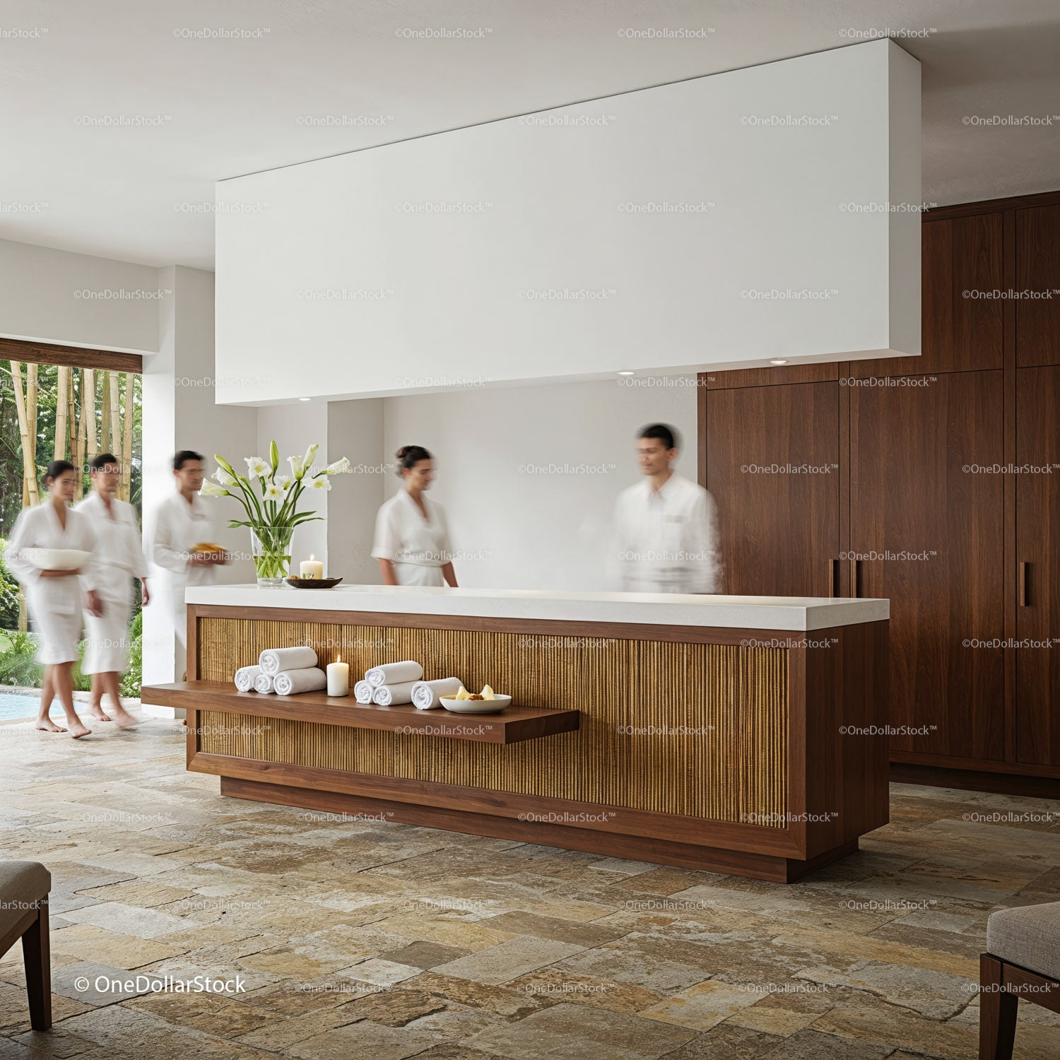 Spa guests in white robes arriving at modern reception desk