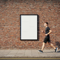 Man Running Past Blank Poster on Brick Wall