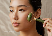 Asian Woman Using Jade Roller for Facial Skincare and Relaxation
