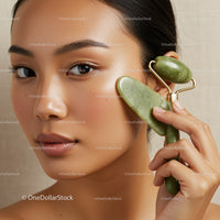Young Asian Woman Using Jade Gua Sha for Facial Skincare with Green Stones