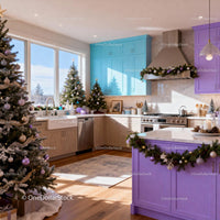 Cozy Modern Kitchen with Colorful Christmas Decorations