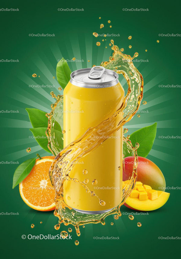 Refreshing Mango and Orange Juice Splash Around Can JPG Mockup Image