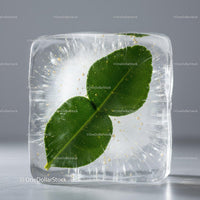 Fresh Green Leaf Frozen Inside a Clear Ice Cube