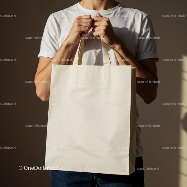 Person Holding a Plain Reusable Tote Bag in Warm Light JPG Mockup Image