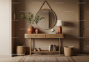 Minimalist hallway with wooden console and round mirror