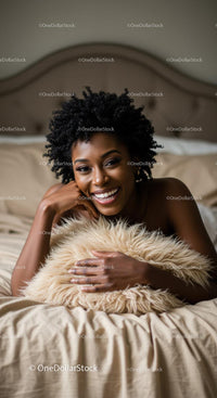 Smiling woman relaxing on bed with fluffy pillow