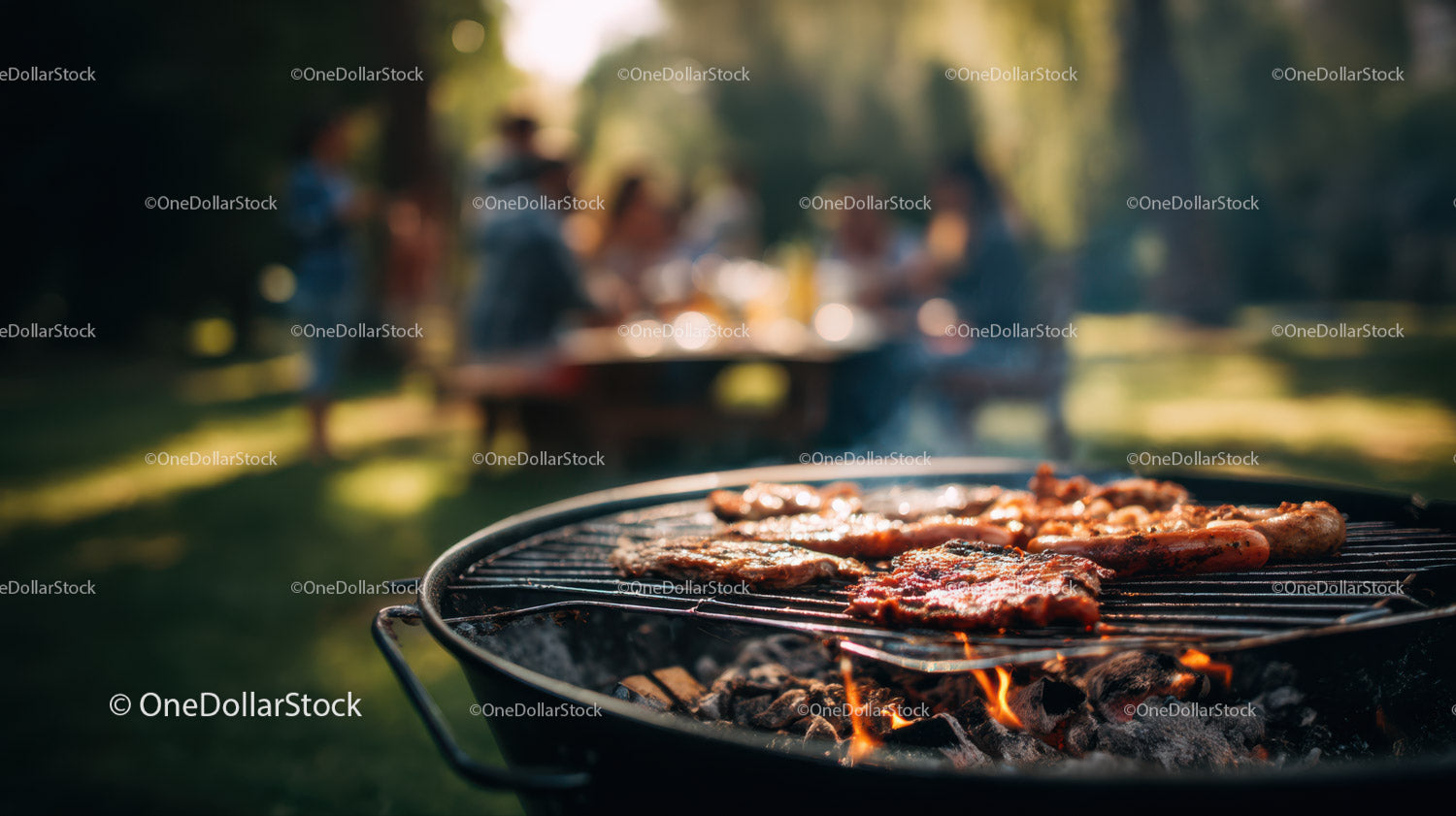 Outdoor Barbecue Scene with Sizzling Meat and Flames on Grill