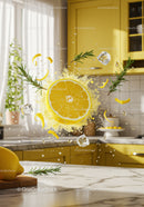 Fresh lemon slice splashing with ice and rosemary herbs