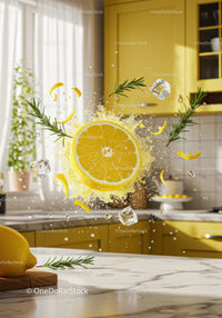 Fresh lemon slice splashing with ice and rosemary herbs