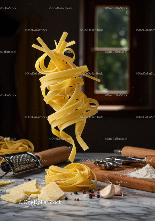 Fresh uncooked tagliatelle pasta with kitchen ingredients