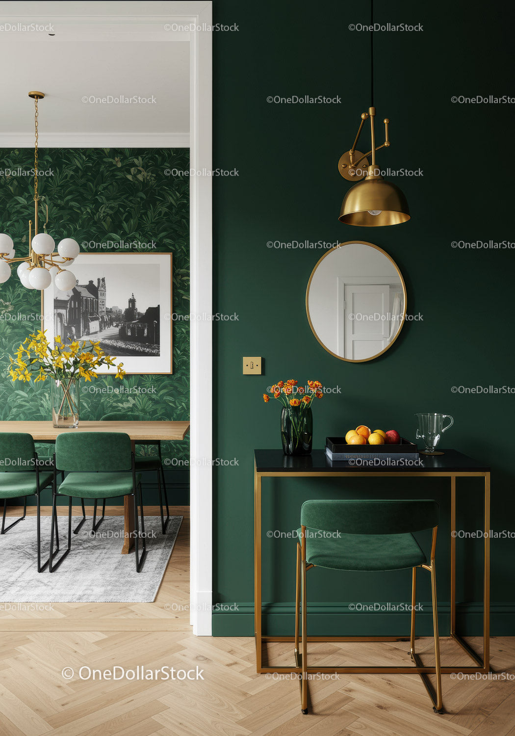 Stylish Green and Gold Living Room with Modern Decor and Accent Wall