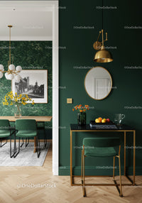 Stylish Green and Gold Living Room with Modern Decor and Accent Wall