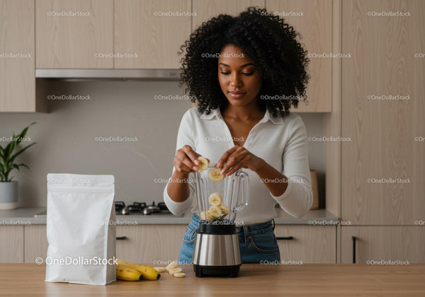 Young Woman Preparing Banana Smoothie in Modern Kitchen JPG Mockup Image