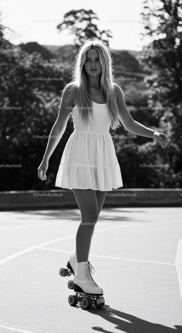 Young woman roller skating outdoors in white dress