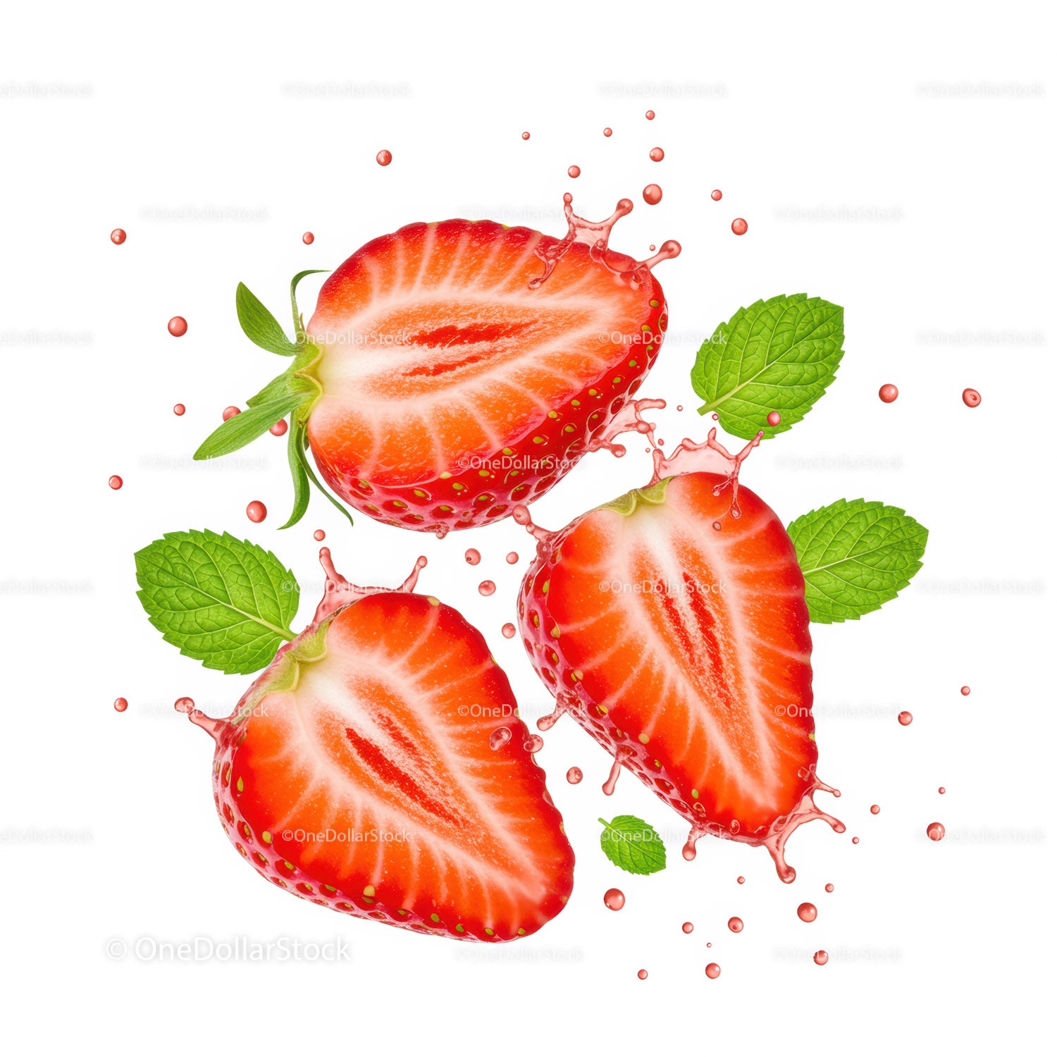Fresh Strawberries with Splash and Mint Leaves