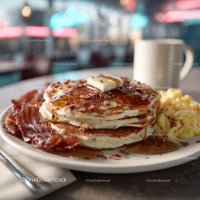 Stack of Fluffy Pancakes with Melted Butter and Syrup