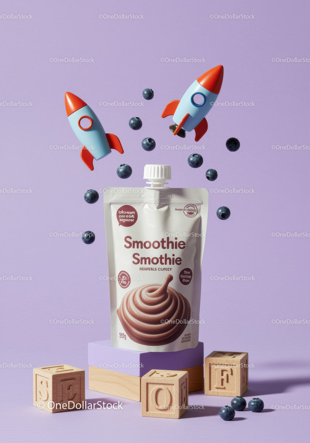 Healthy Smoothie Pouch with Blueberries and Toy Rockets